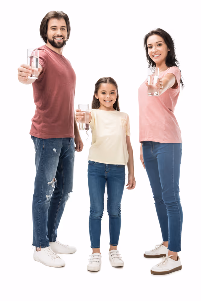 happy family drinking clean water