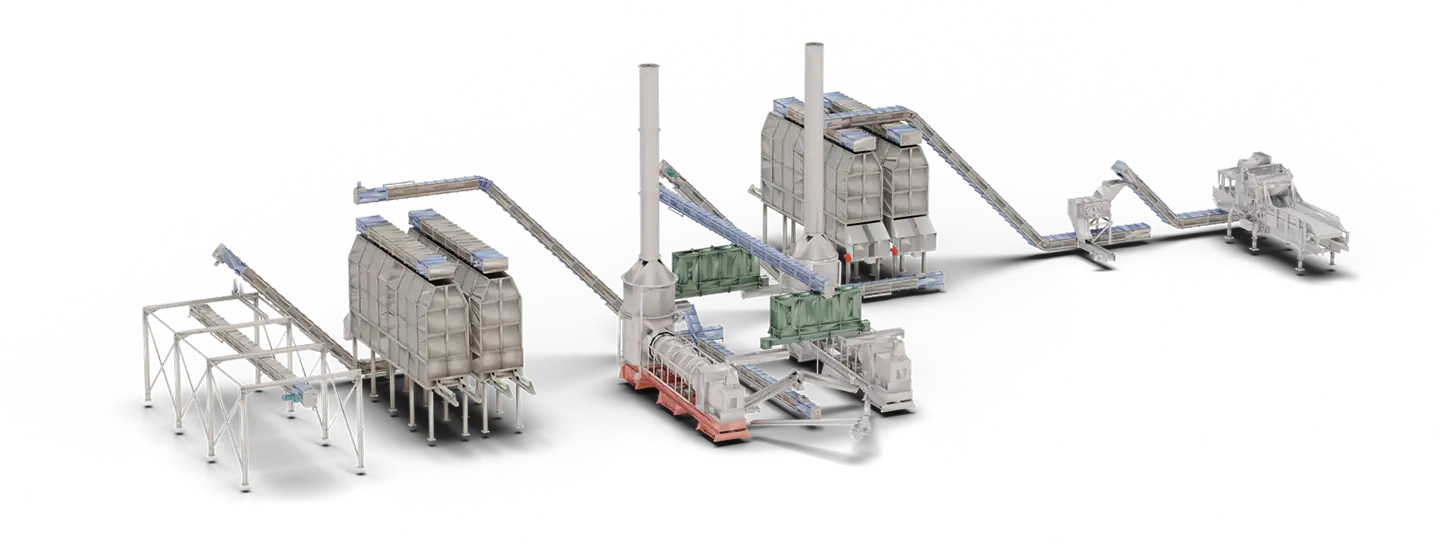 3D model of industrial processing equipment with conveyors connecting large silos and machinery units.