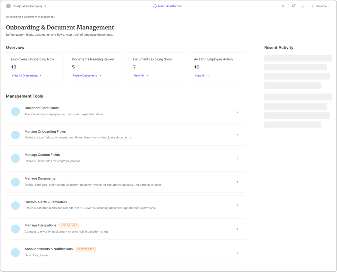 Dashboard of onboarding and document management showing overview metrics like employees onboarding now, documents needing review, and management tools for document compliance, onboarding flows, custom fields, documents, alerts, integrations, and notifications.