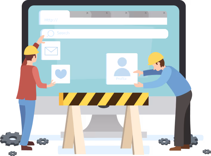 Two construction workers with helmets adjusting website interface elements on a large computer screen behind a yellow and black caution barrier.