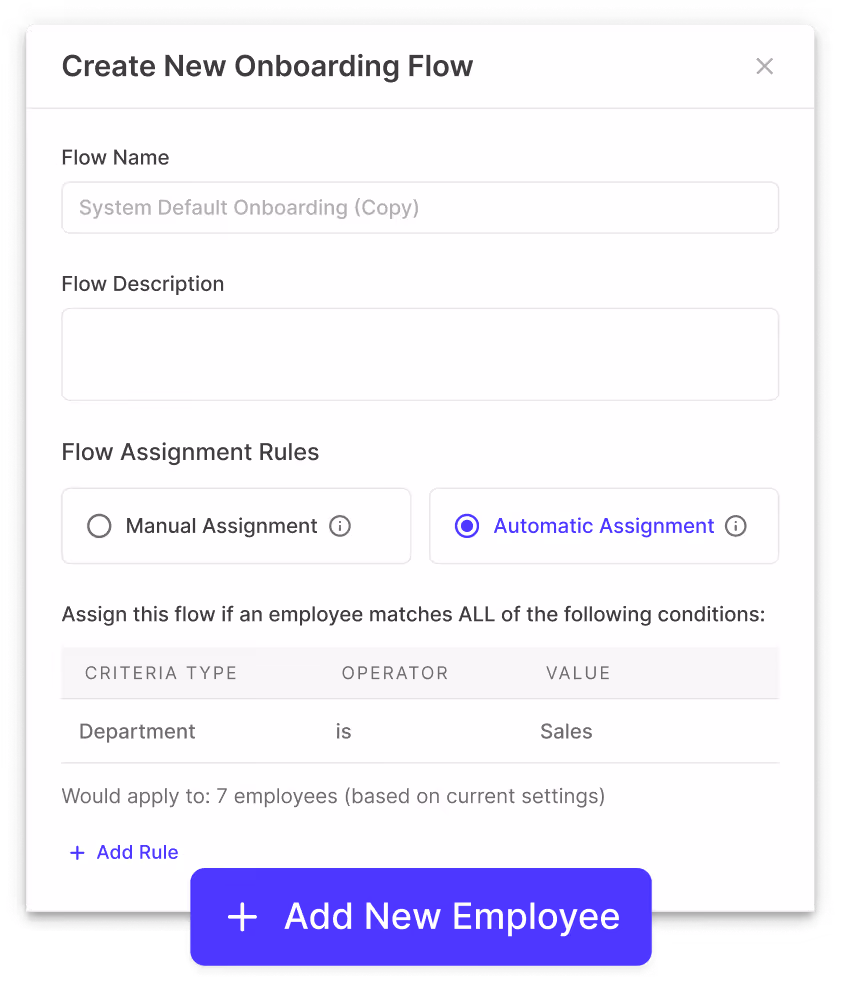 Dialog box for creating a new onboarding flow with fields for flow name, description, assignment rules set to automatic, and a condition where department is Sales applying to 7 employees with buttons to add rules and add new employee.