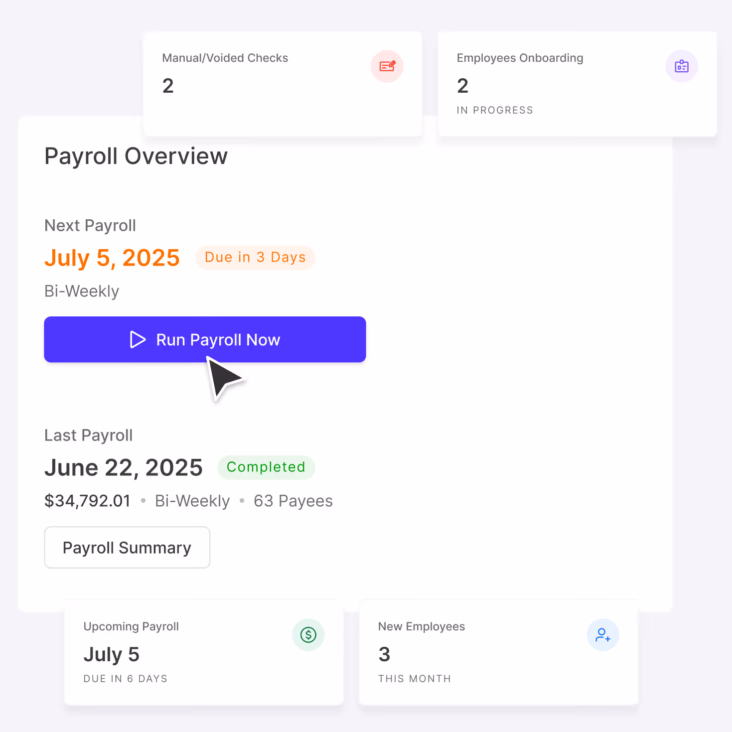 Payroll dashboard showing next payroll date July 5, 2025 due in 3 days, last payroll June 22, 2025 completed, total $34,792.01 for 63 payees, with a blue 'Run Payroll Now' button and summary details.