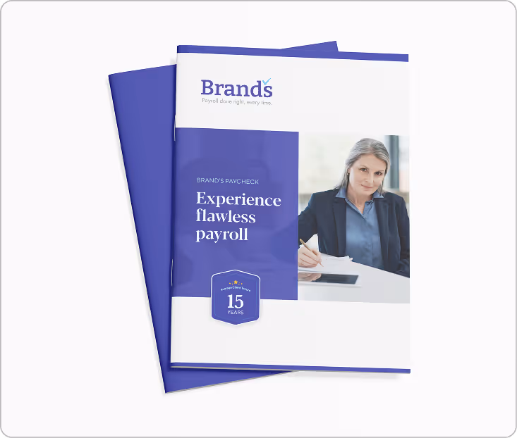 Two folded brochures with a woman writing at a desk on the cover and text promoting flawless payroll and 15 years of service.