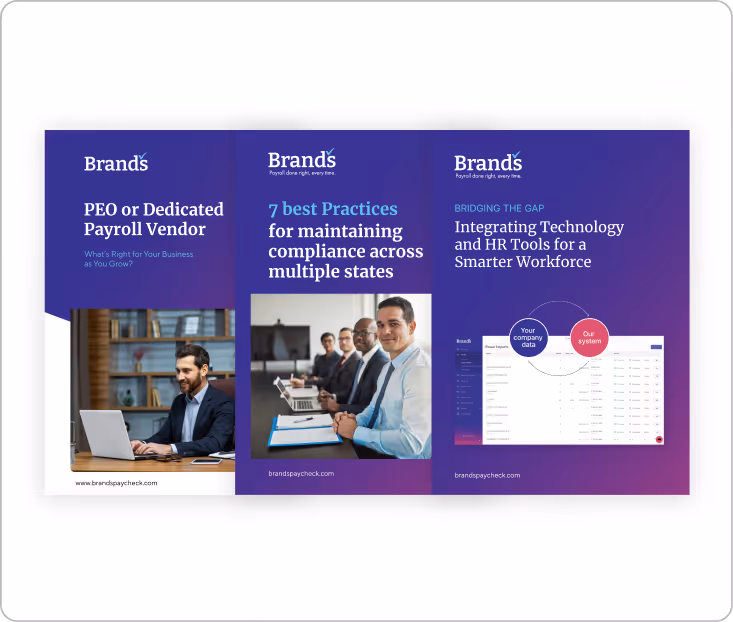 Three-panel infographic for Brands payroll: 1) PEO or Dedicated Payroll Vendor with a businessman on laptop, 2) 7 best practices for maintaining compliance across multiple states with a group of professionals, 3) Integrating Technology and HR Tools for a Smarter Workforce showing a software interface diagram.