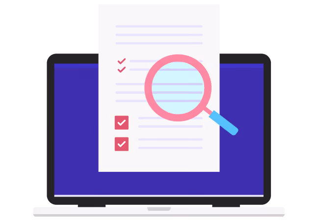 Laptop displaying a document with check marks and a magnifying glass over it.