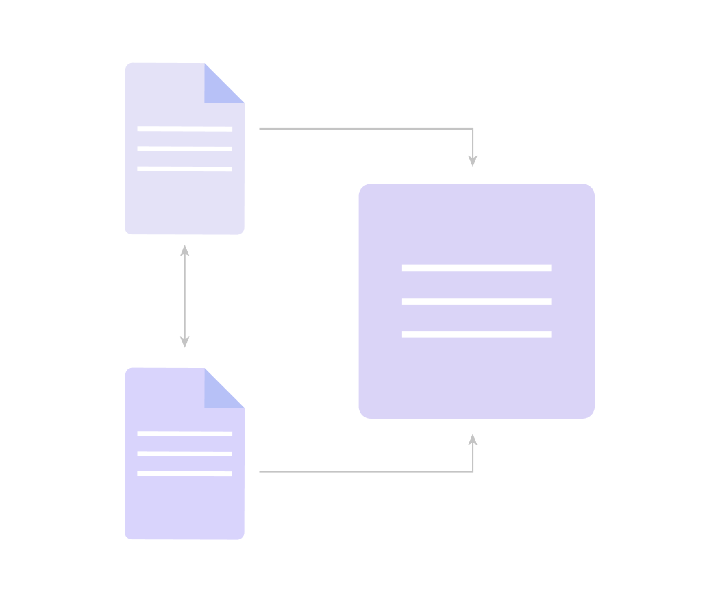 Diagram showing three document icons connected by arrows indicating information flow between them.