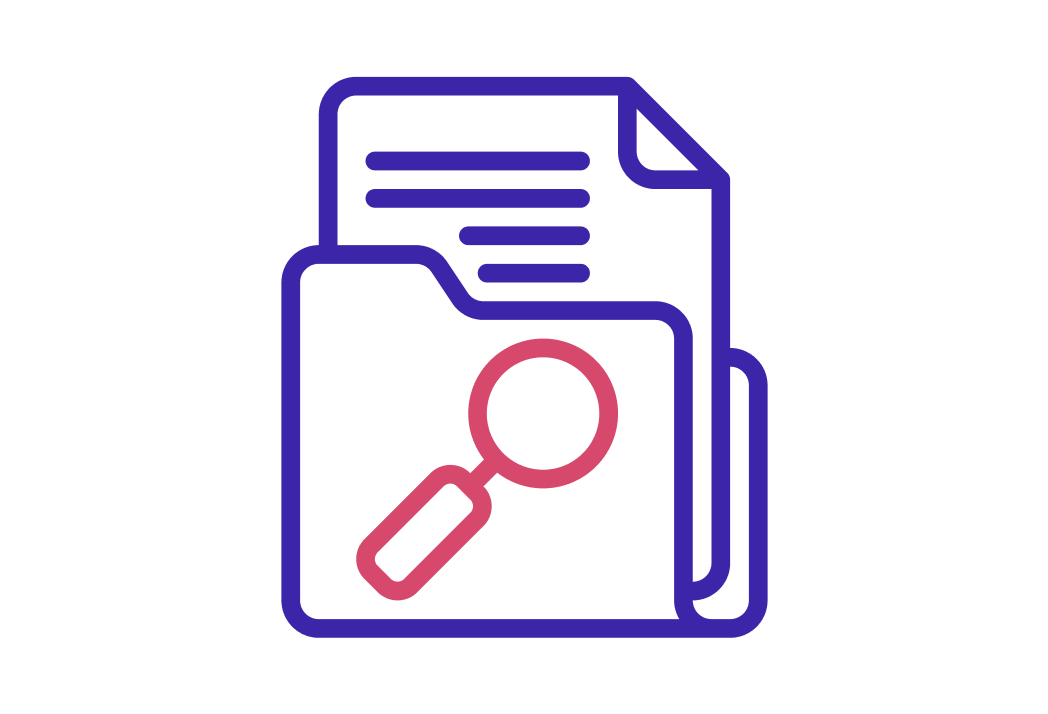 Folder with a magnifying glass icon in front of a document with text lines.