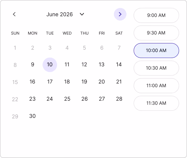 Calendar showing June 2026 with June 10 selected and appointment times from 9:00 to 11:30 AM on the right.