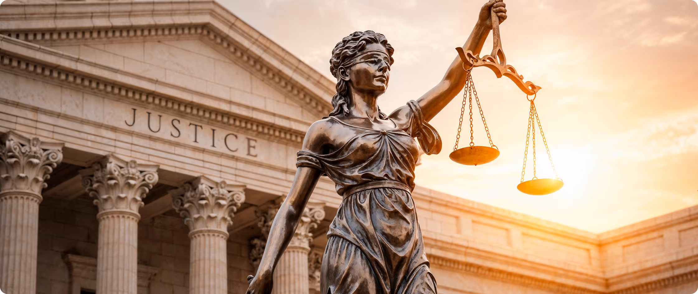 Statue of blindfolded Lady Justice holding scales with a courthouse labeled JUSTICE in the background.
