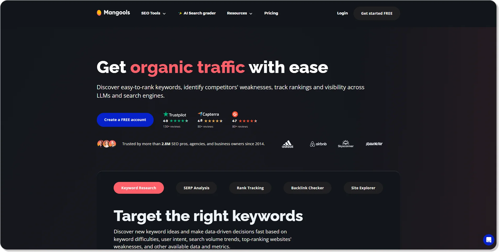 The minimal and modern homepage of the Mangools website