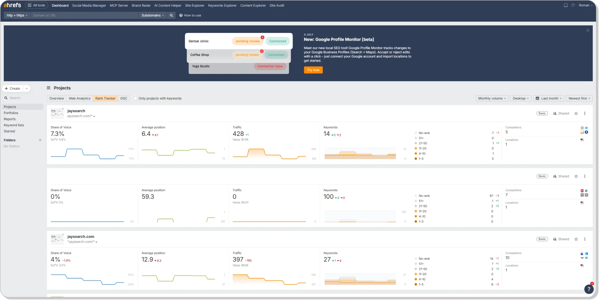 The user interface of the Ahrefs tool for keyword monitoring