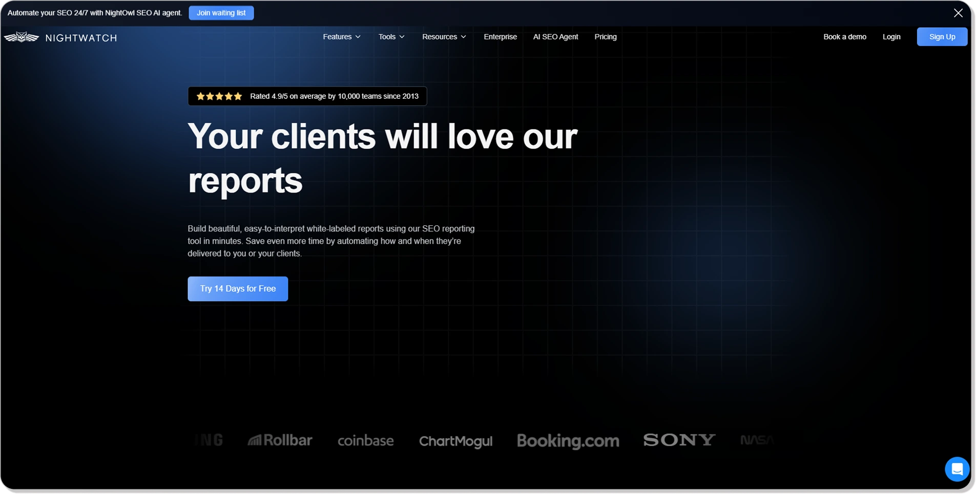 The Nightwatch interface showcasing its visual reporting with critical SEO metrics