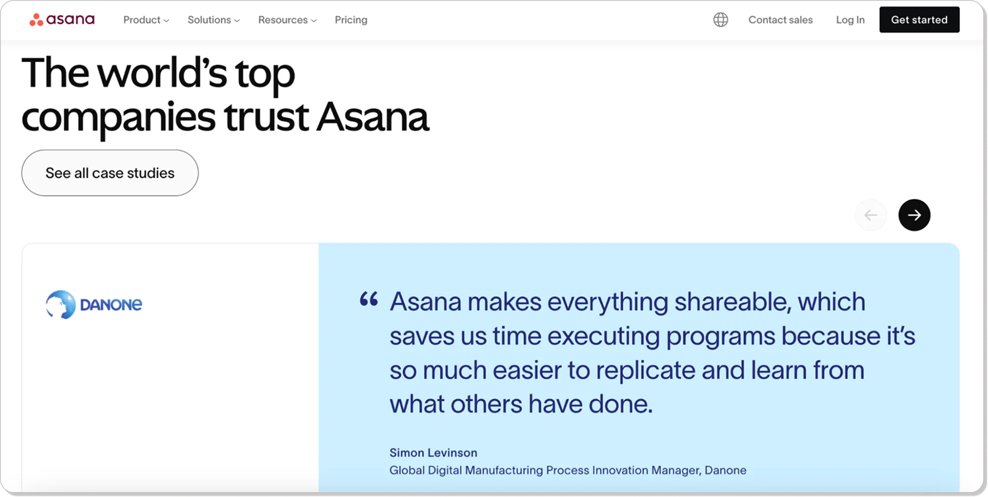 Asana homepage featuring a case study quote