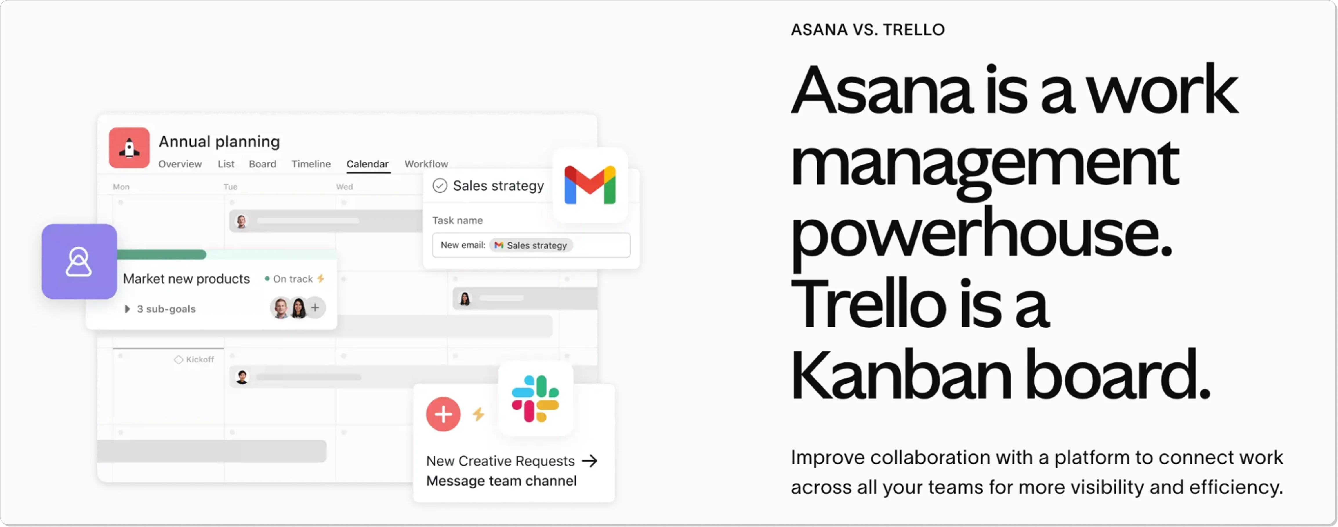 Asana product comparison page highlighting its advantages over Trello