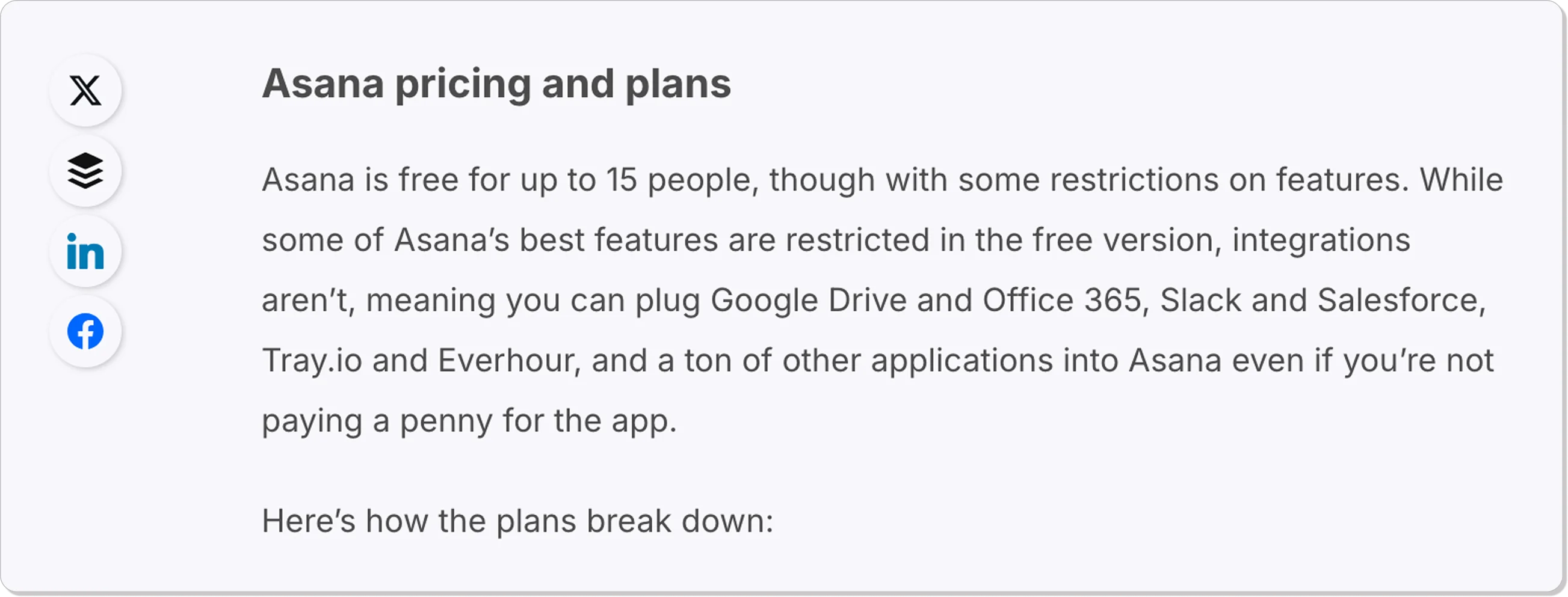 Pricing and plans section in a product review