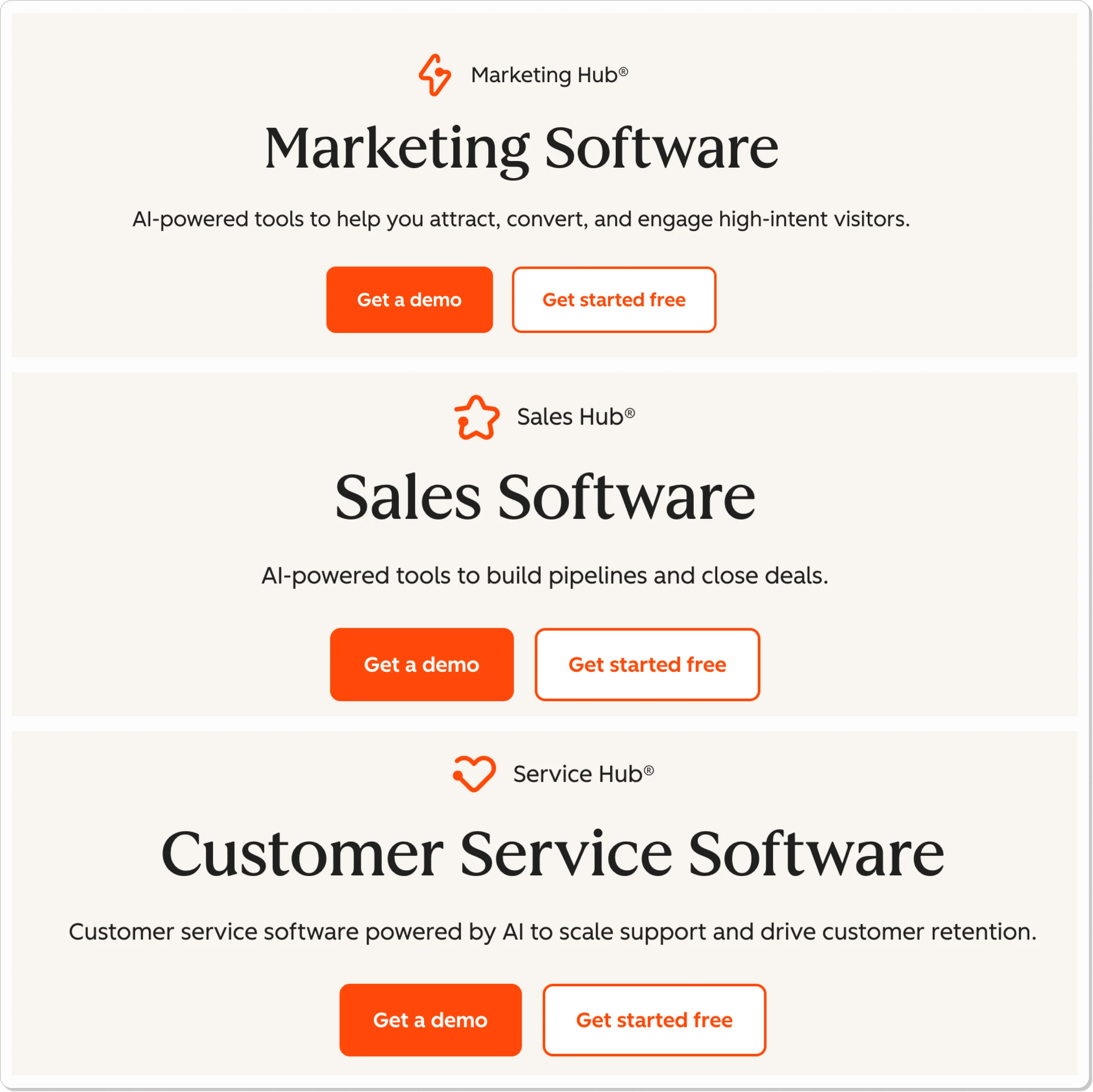 Hubspot’s solutions pages for different audiences