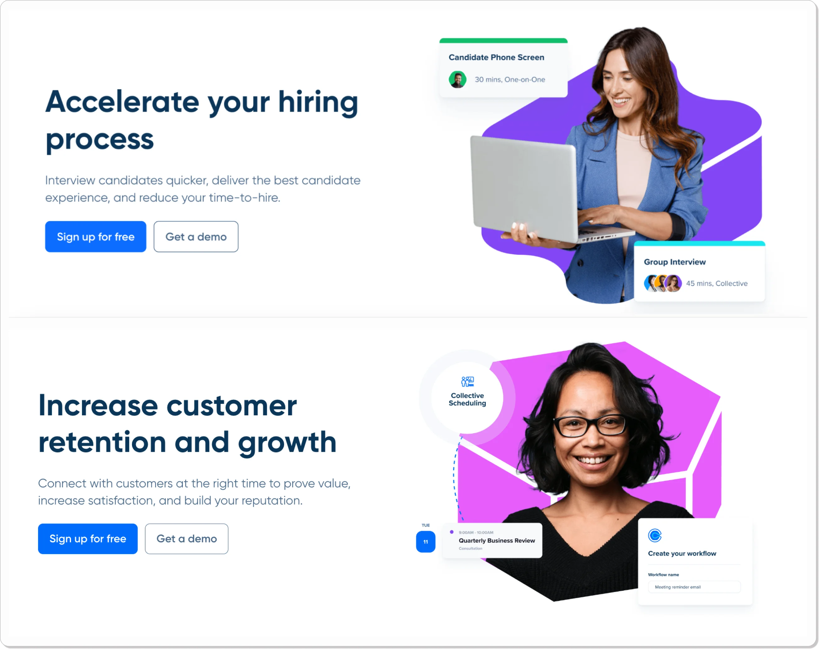Calendly’s solution pages for different pages