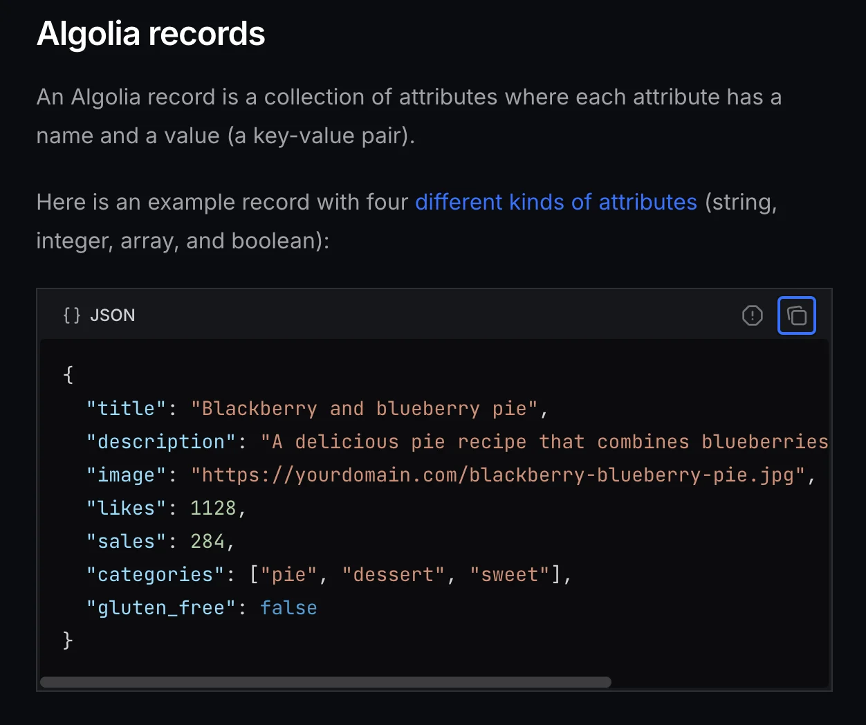 Algolia knowledge base with copyable code snippets