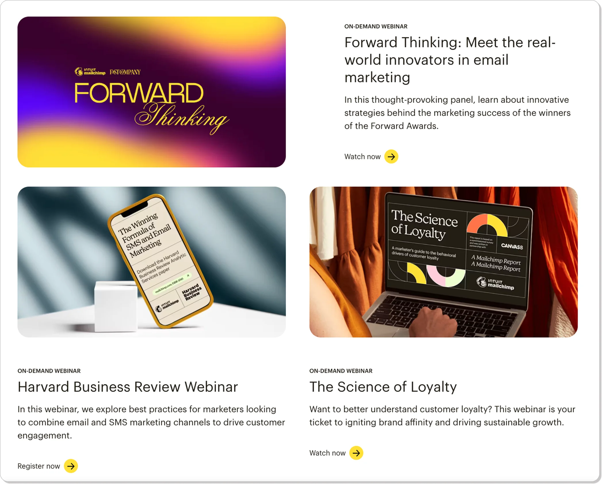 Mailchimp events page showing on-demand past sessions