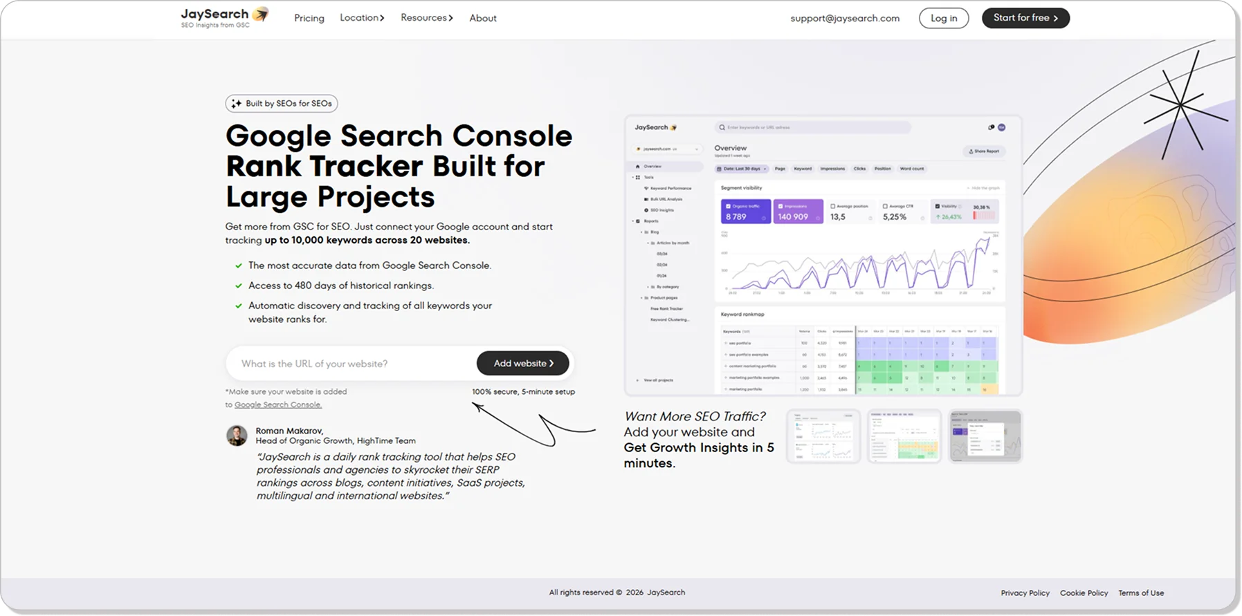 Homepage of JaySearch, a daily rank tracker for large projects