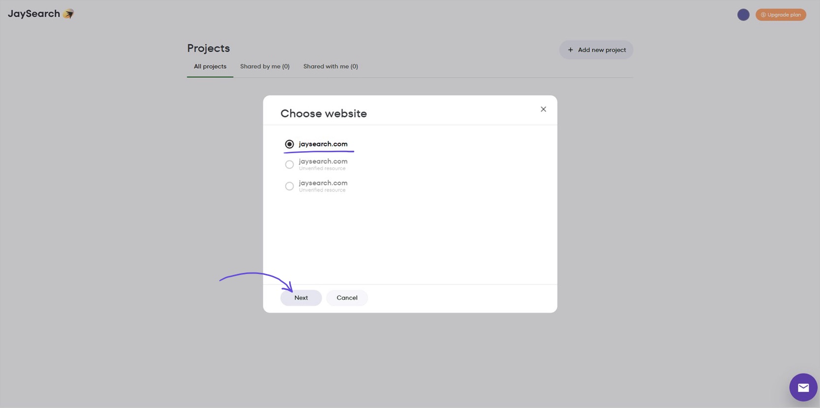 Selecting a verified property from available sites to create a new project