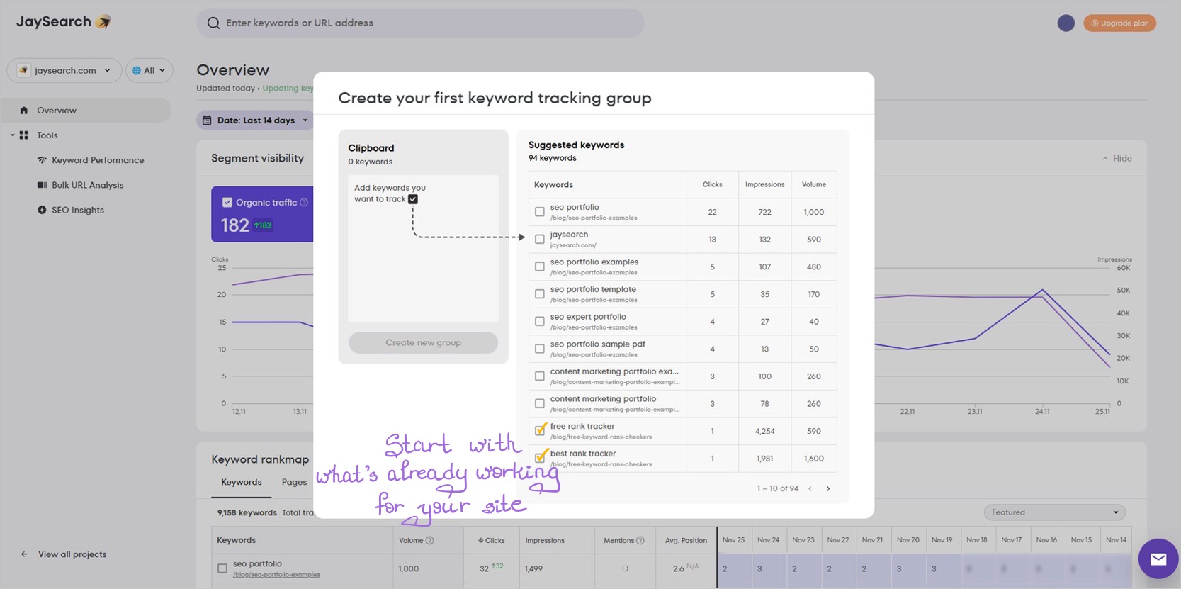 Interface displaying suggested keywords for initial tracking, imported from Google data