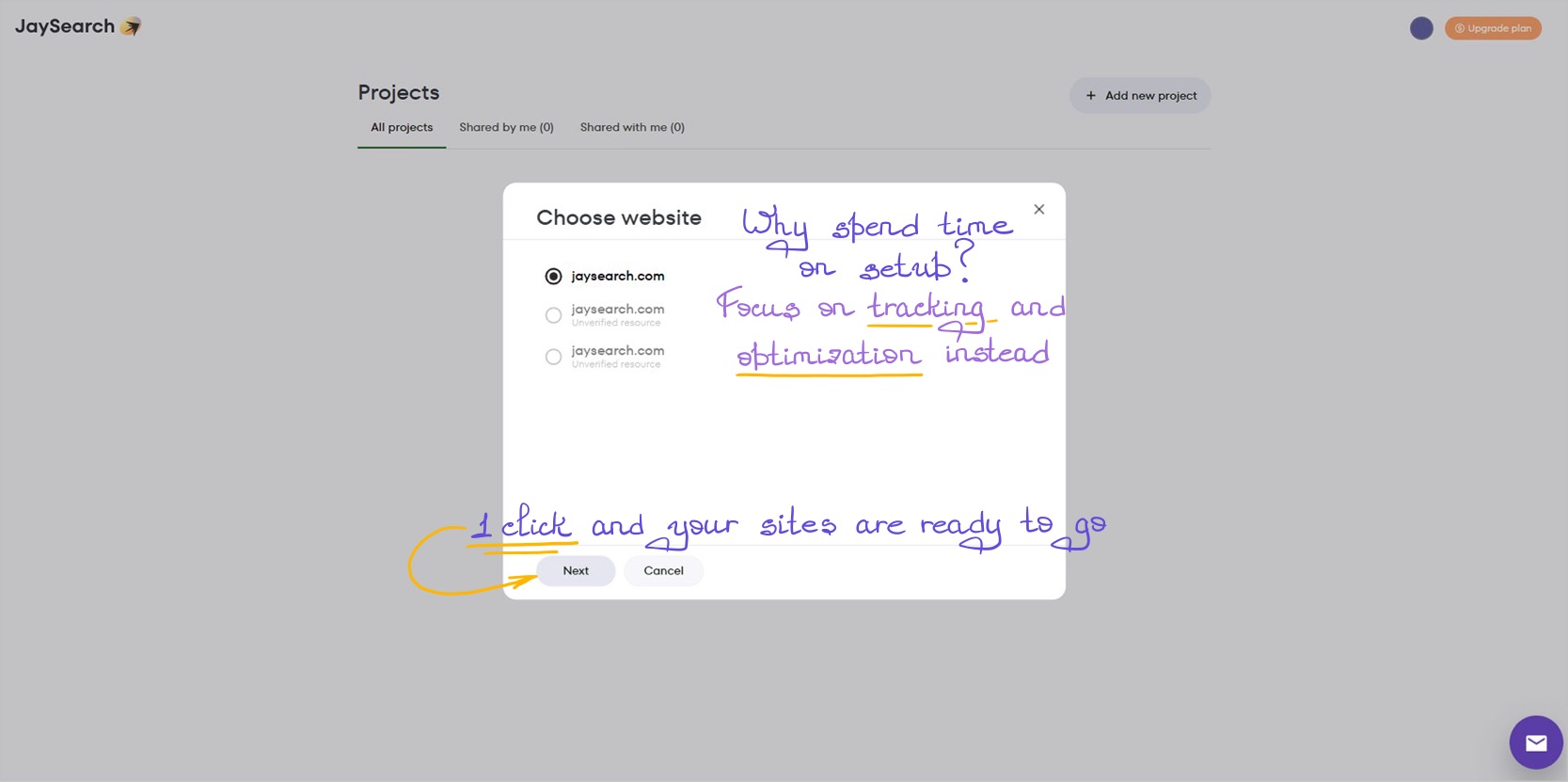 Interface showing selection of a website from Google Search Console properties