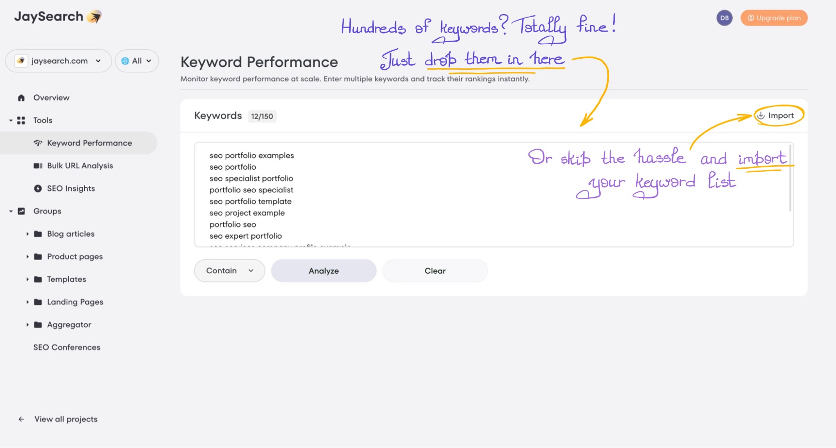 Adding multiple keywords in JaySearch for large-scale rank analysis