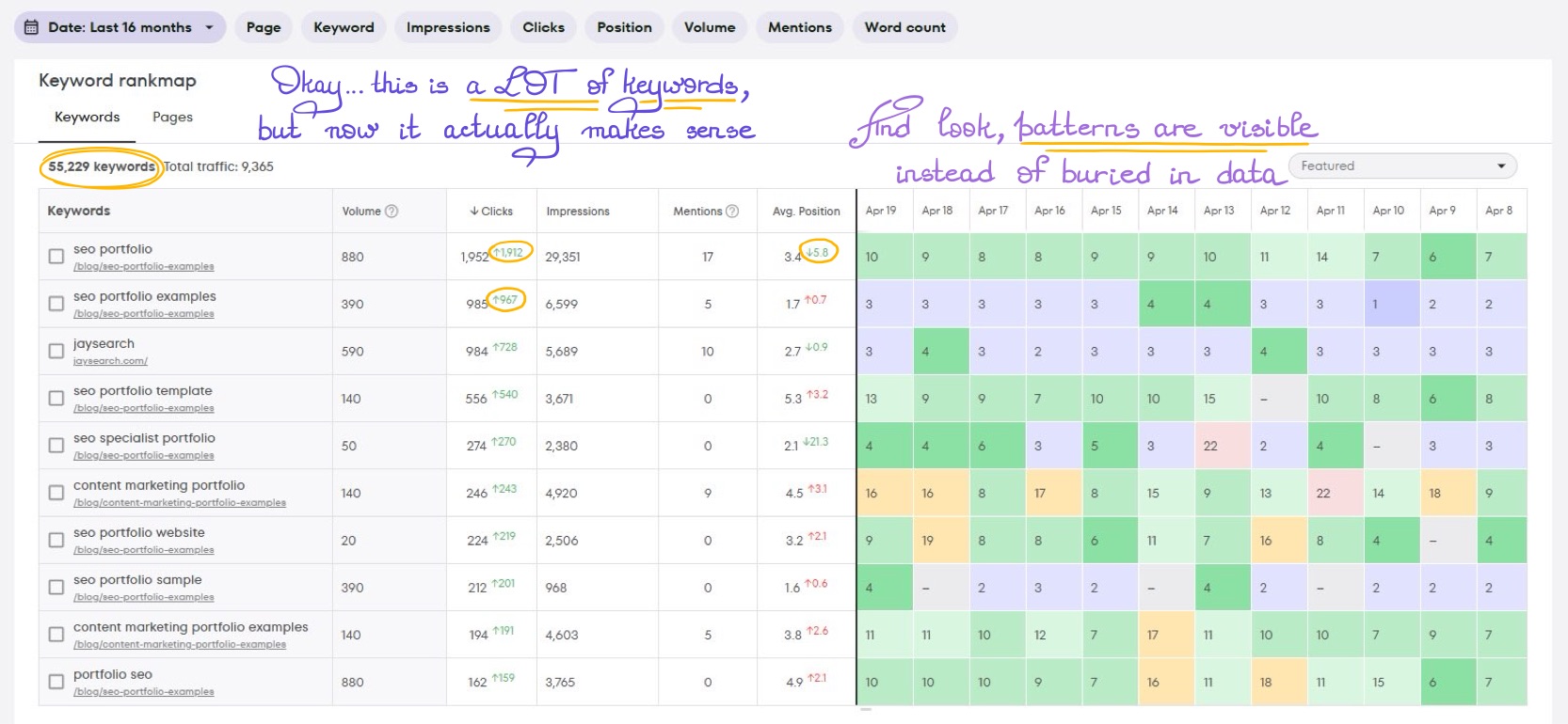Large-scale keyword tracking map displaying rankings across multiple queries and pages