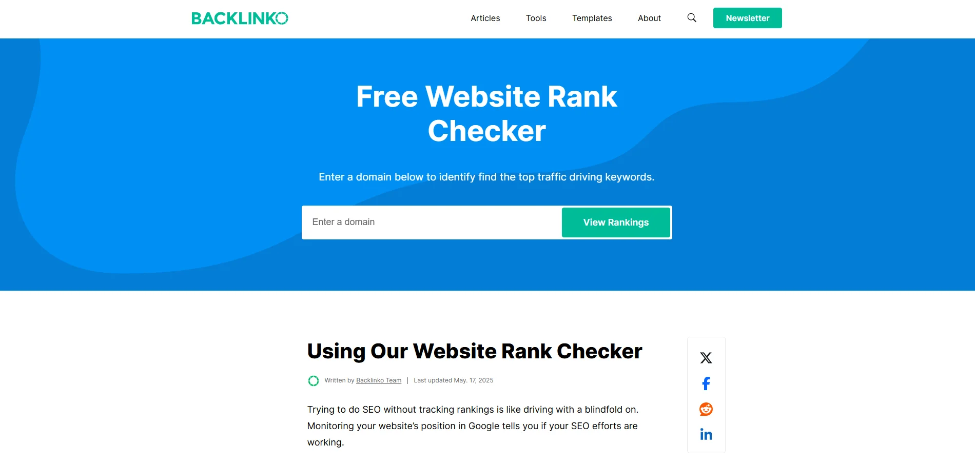 Free Website Rank Checker by Backlinko for checking website keyword rankings and organic visibility