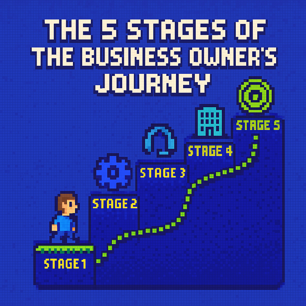 Retro image of The 5 Stages of the Business Owner’s Journey business growth model, illustrating the founder’s path from operator to strategic leader.