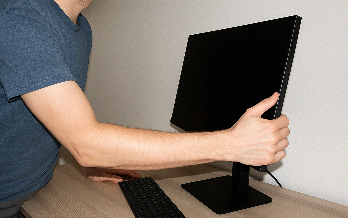Man placerar sin datorskärm på ett skrivbord