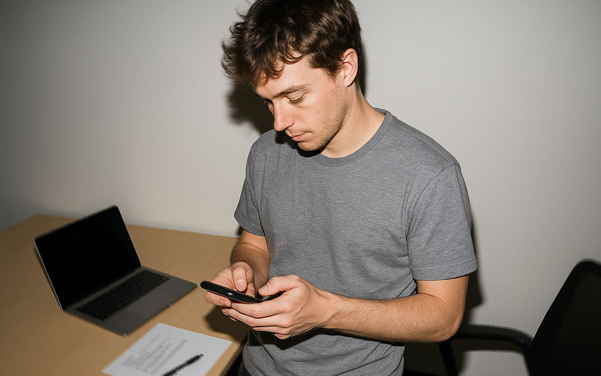 Person som står med sin telefon och skriver ett meddelande