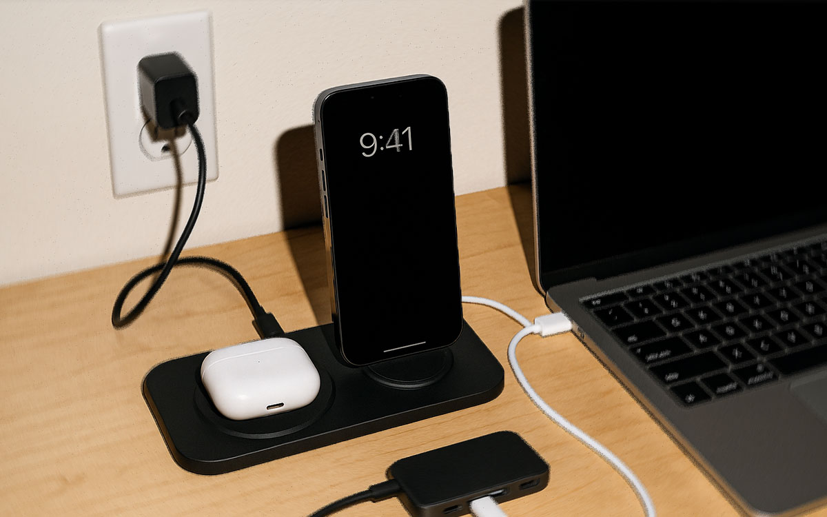 Dator , hörlurar som laddar bredvid en dator