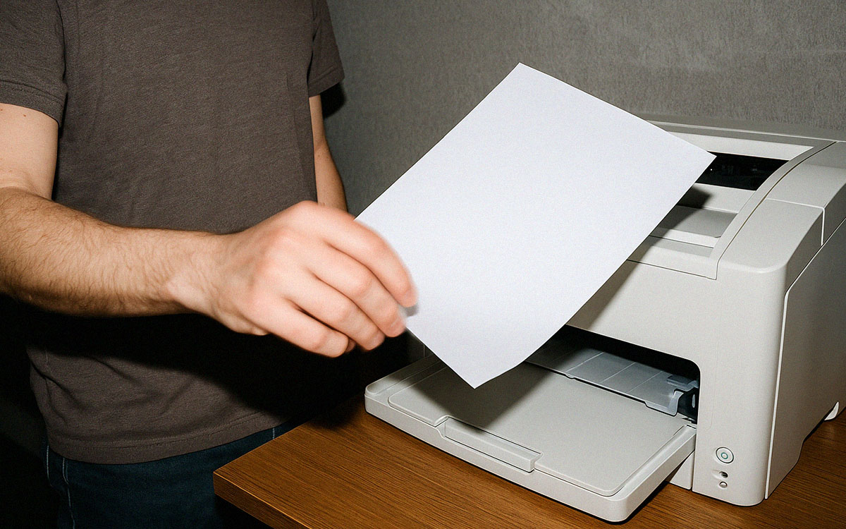 Person som hämtar papper från skrivare
