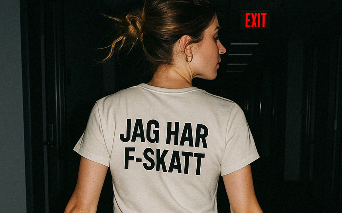 Kvinna med en t-shirt där det står jag har F-Skatt