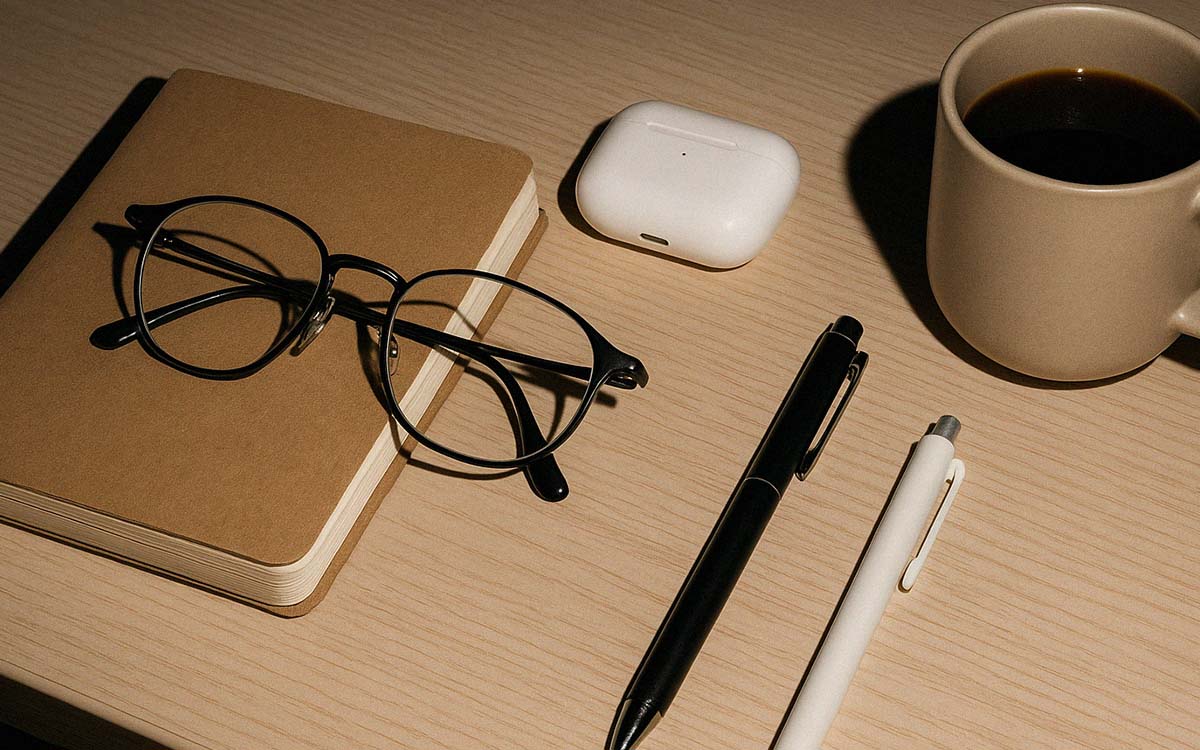 Bord med glasögon, anteckningsbok, kaffekopp, airpods.