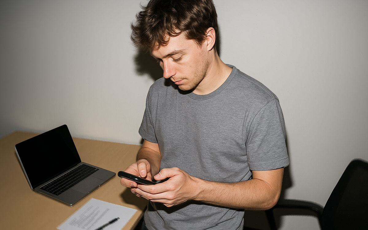 Person som står med telefon och skickar en faktura