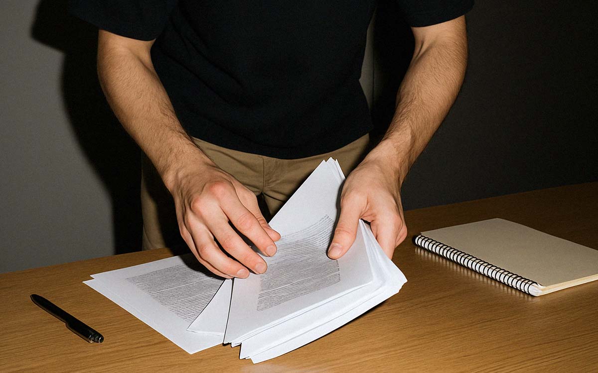 Person som räcker sig efter en anteckningsbok på ett skrivbord.