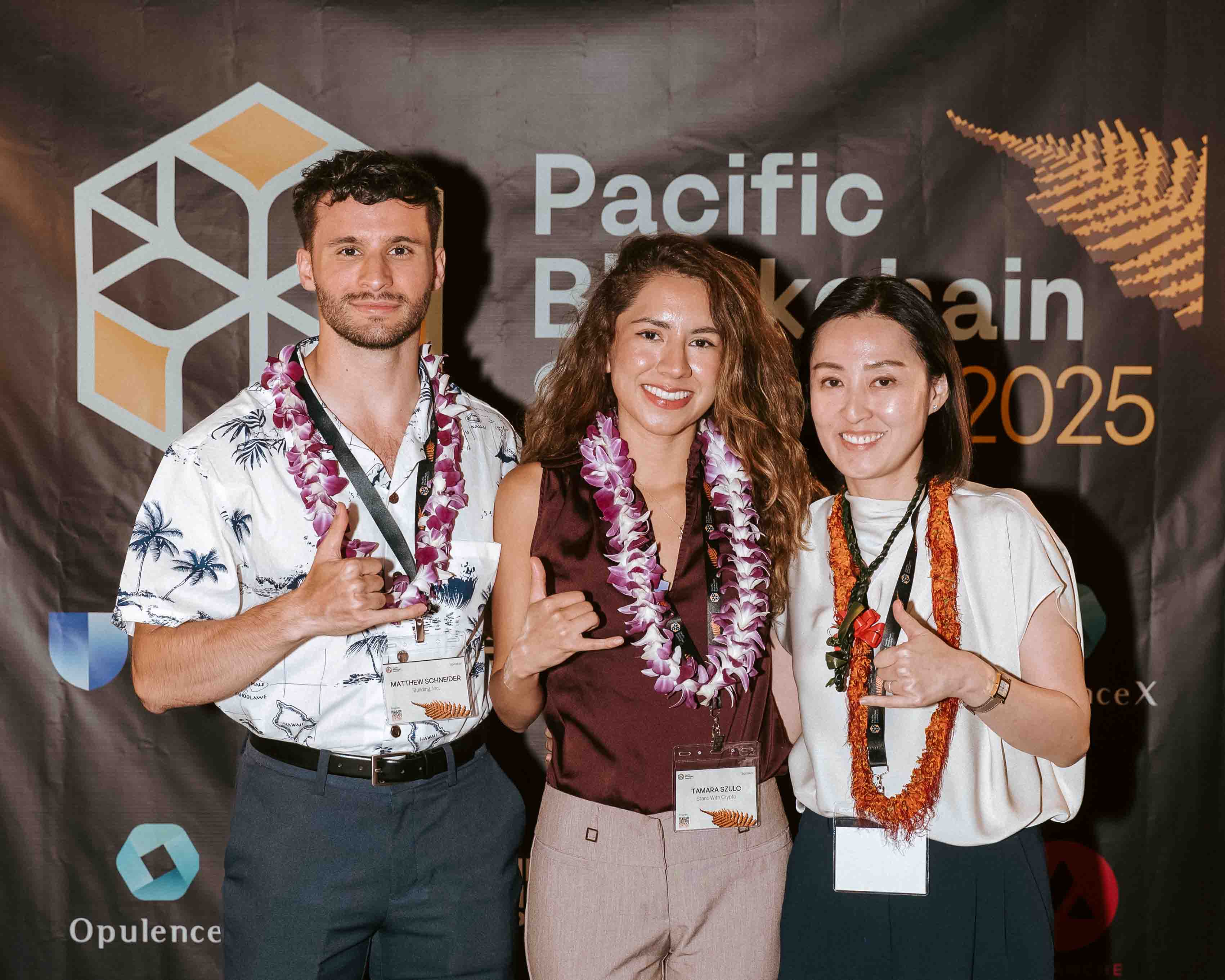 Matthew Schneider, Tamara Sulcz, and Ellen Ng at Pacific Blockchain Summit in Honolulu, Hawaii
