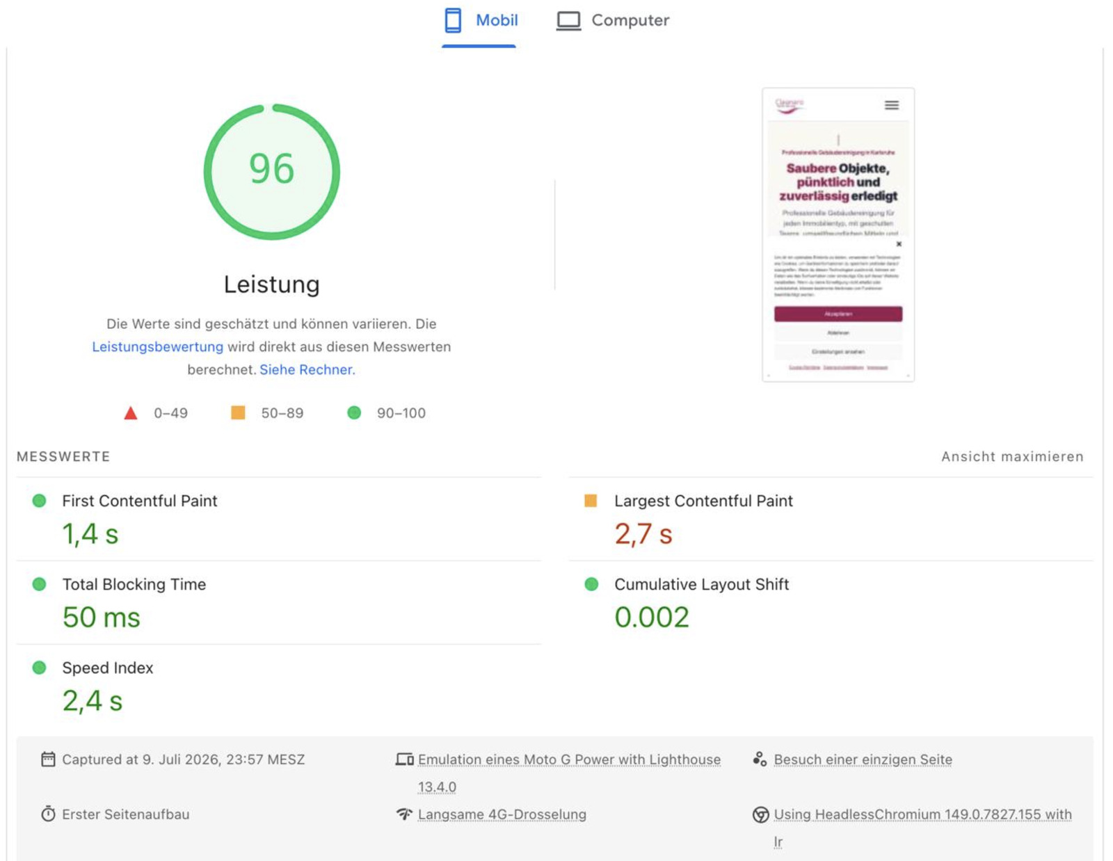 PageSpeed Insights Bericht mit Leistungswert 96 und einem LCP von 2,7 Sekunden