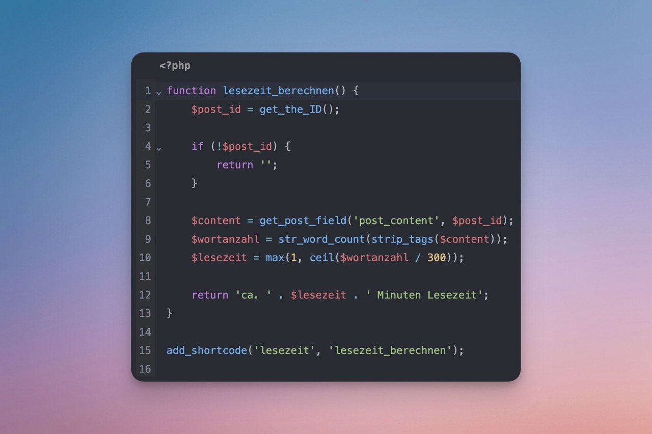 Code-Editor mit der PHP-Funktion zur Berechnung der Lesezeit