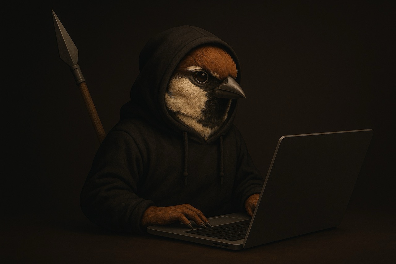 Spatz im Kapuzenpulli arbeitet am Laptop