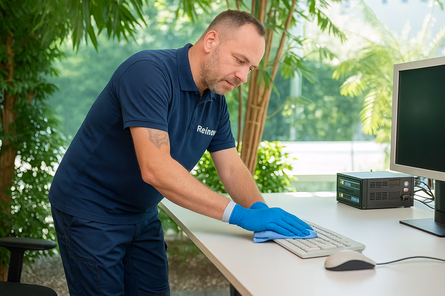 A woman is cleaning a table with a green cloth photo