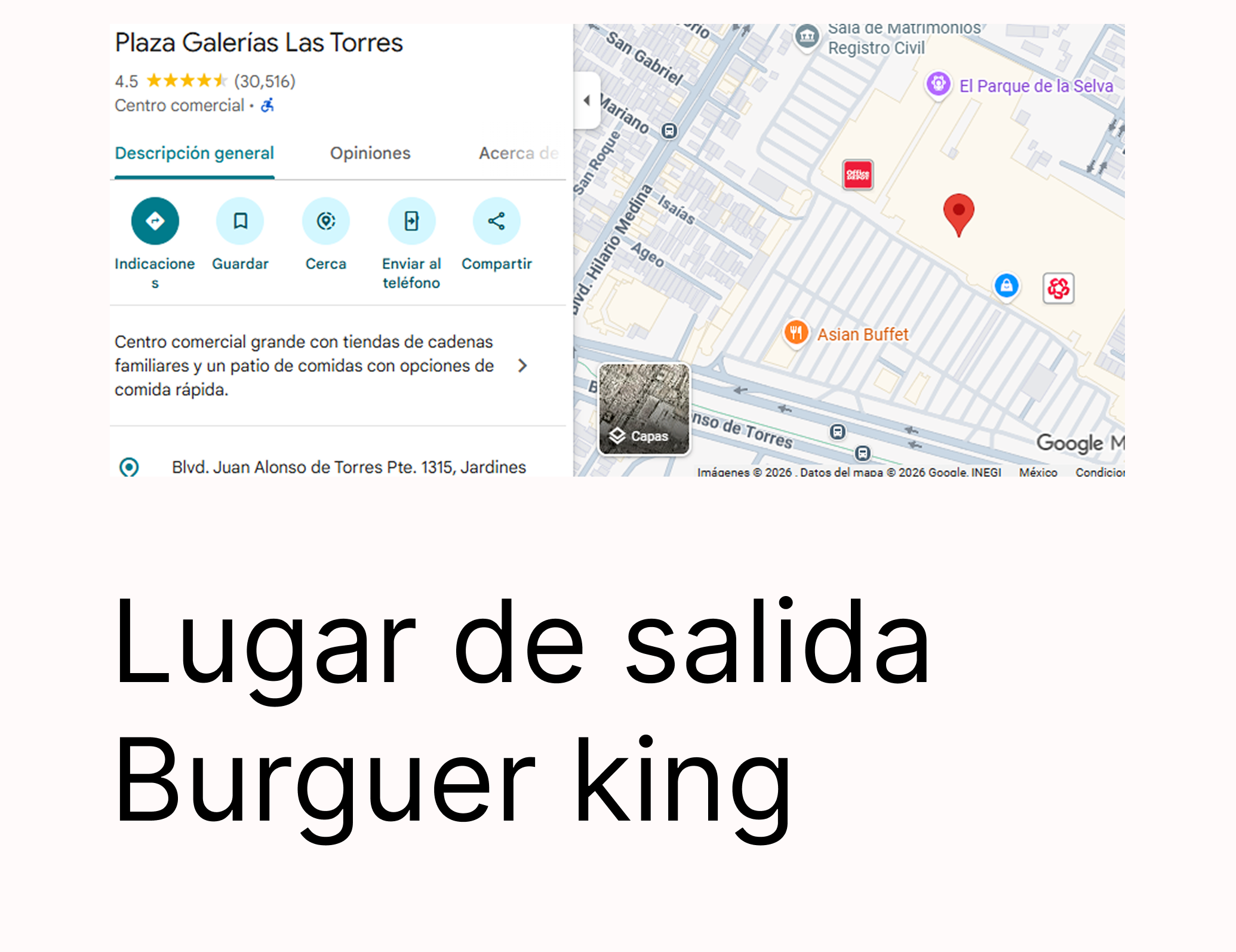 Lugar de salida Plaza Galerías Las Torres
