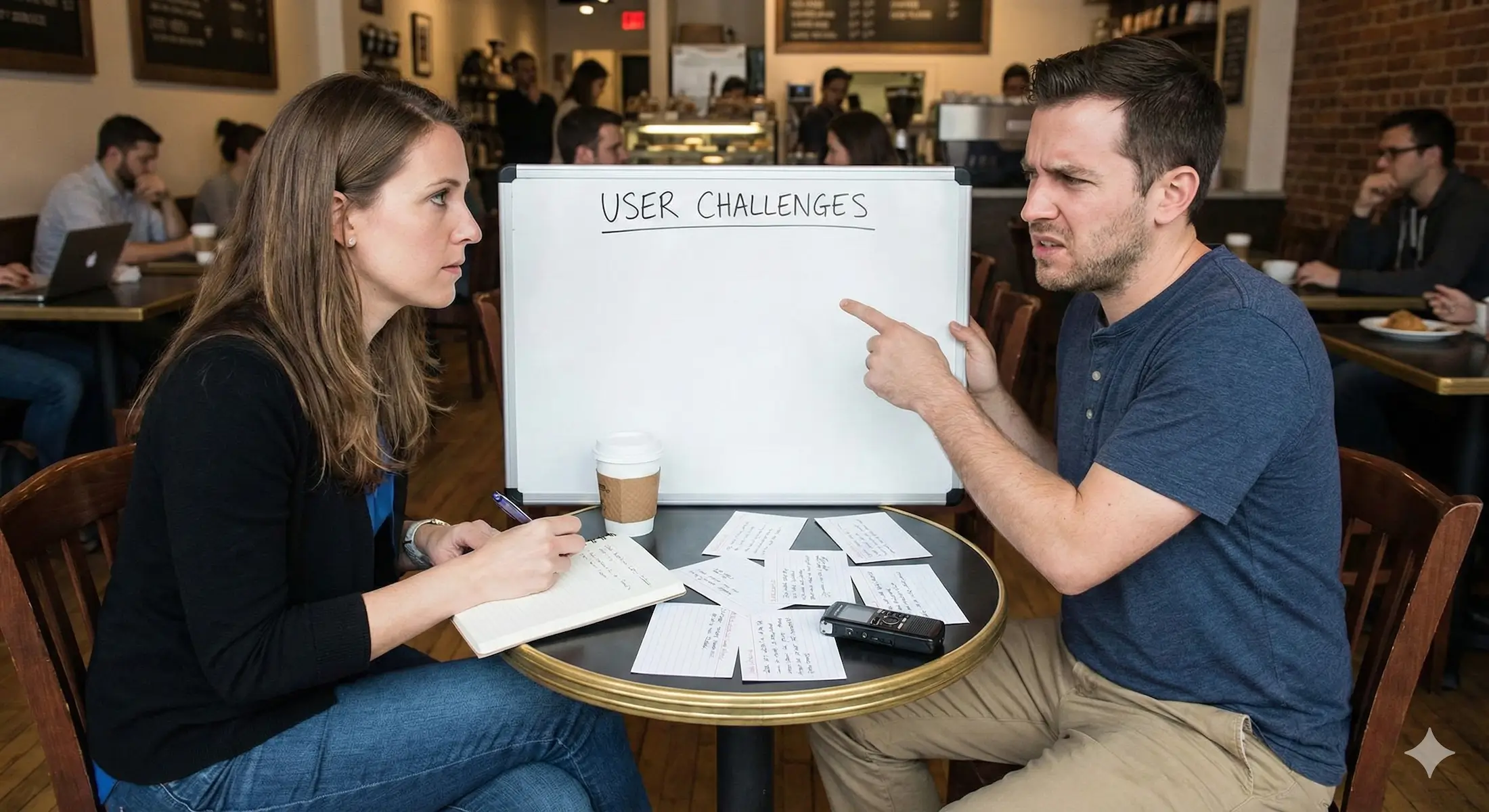 Startup founder conducting a structured customer interview in a cafe to validate user challenges and avoid building unnecessary product features.
