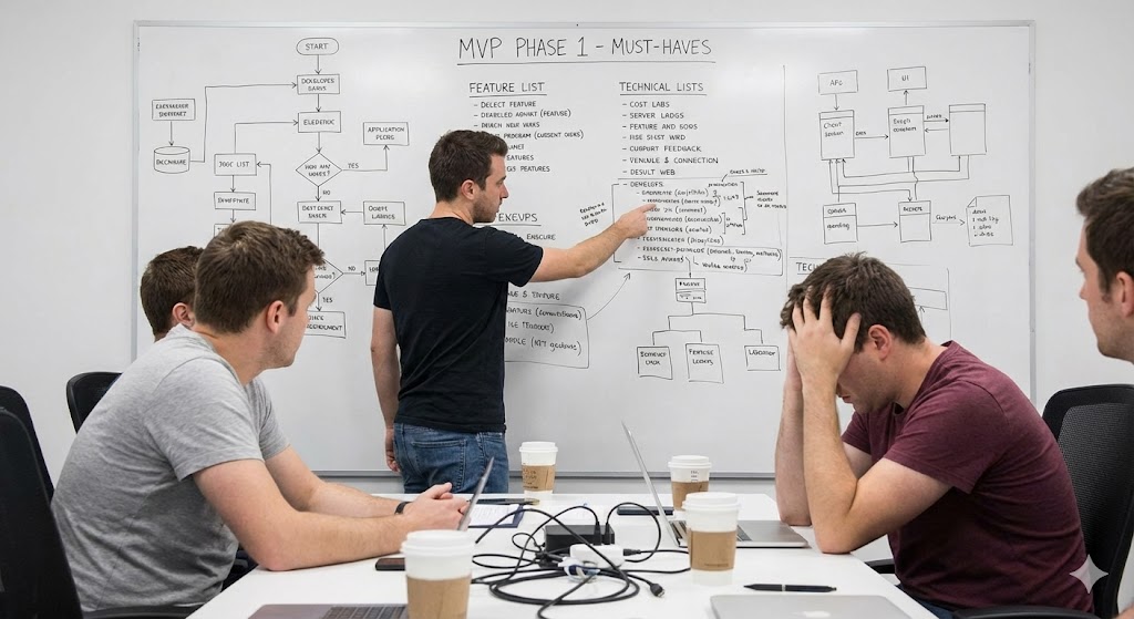 A product development team over-analyzing complex feature sets and dashboards, illustrating the risk of feature creep and over-engineering a Minimum Viable Product (MVP).