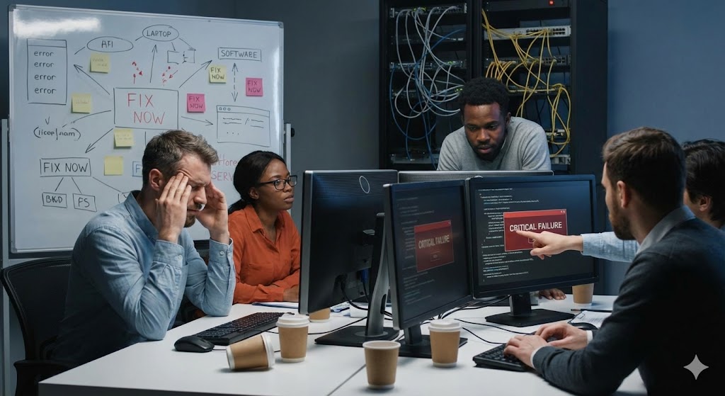 Engineering team struggling with system crashes and technical debt due to poor scalability, illustrating the consequences of neglecting code health for speed.
