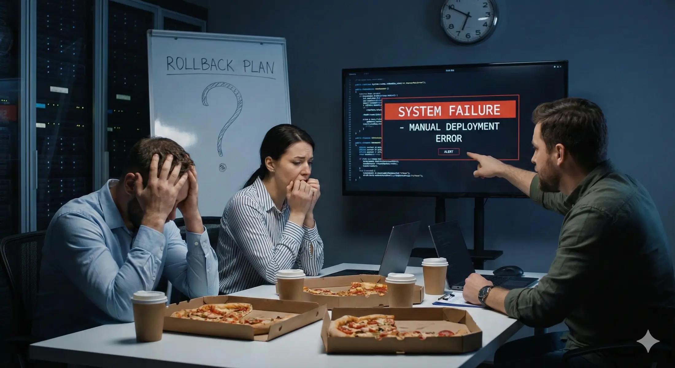 A stressed engineering team monitoring a 'Manual Deployment Error' at night, illustrating fear-driven engineering and the risks of a missing rollback strategy in a startup.