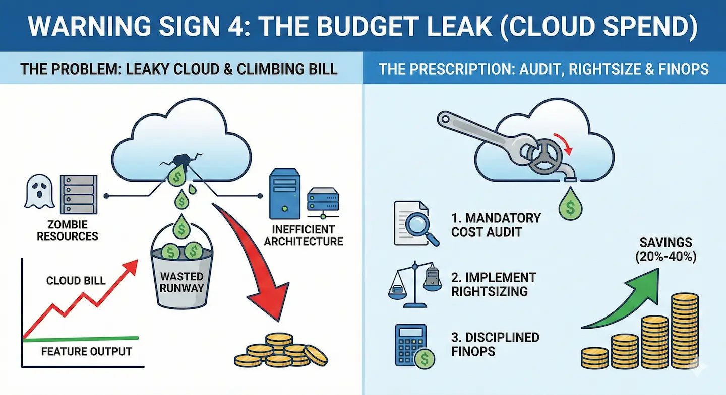 Infographic showing a 'leaky cloud' draining a startup's runway through zombie resources and inefficient architecture, contrasted with a FinOps solution that saves 20-40% through auditing and rightsizing.